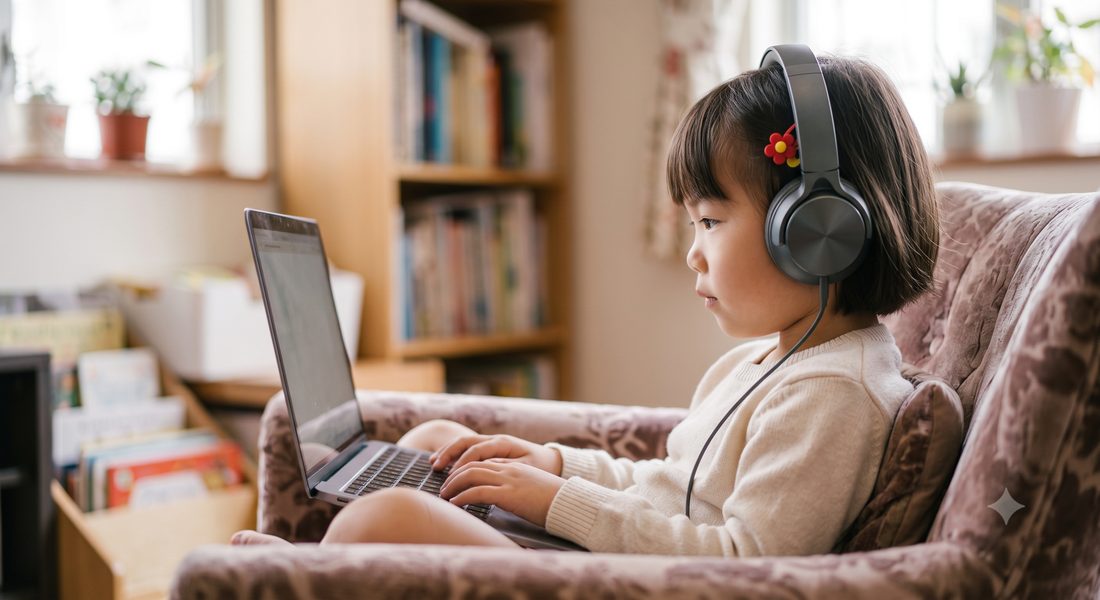 Girl studying with a laptop and headphones